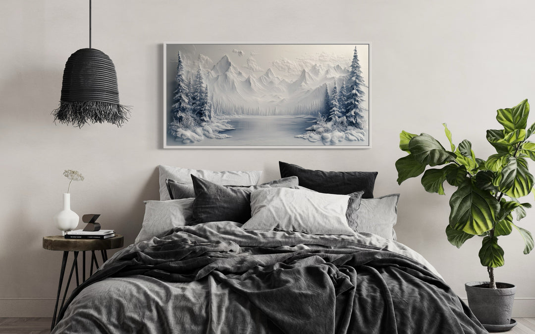 Snowy Mountain Lake With Pine Trees Winter Framed Canvas Wall Art above bed