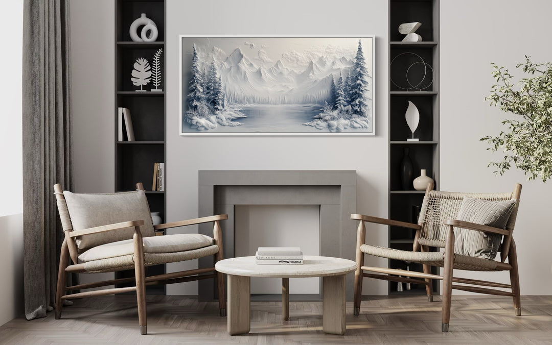 Snowy Mountain Lake With Pine Trees Winter Framed Canvas Wall Art above fireplace