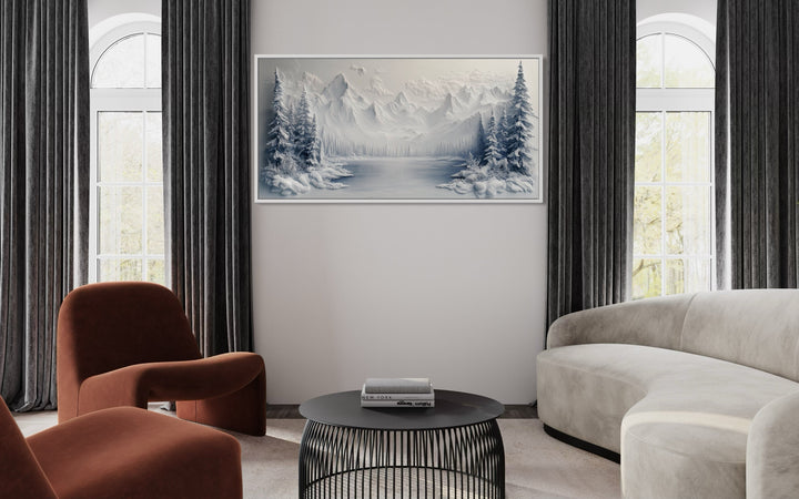 Snowy Mountain Lake With Pine Trees Winter Framed Canvas Wall Art in a living room filled with furniture