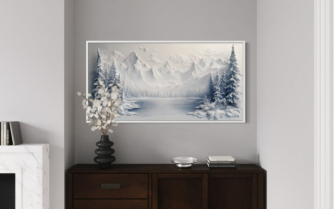 Snowy Mountain Lake With Pine Trees Winter Framed Canvas Wall Art above a dresser