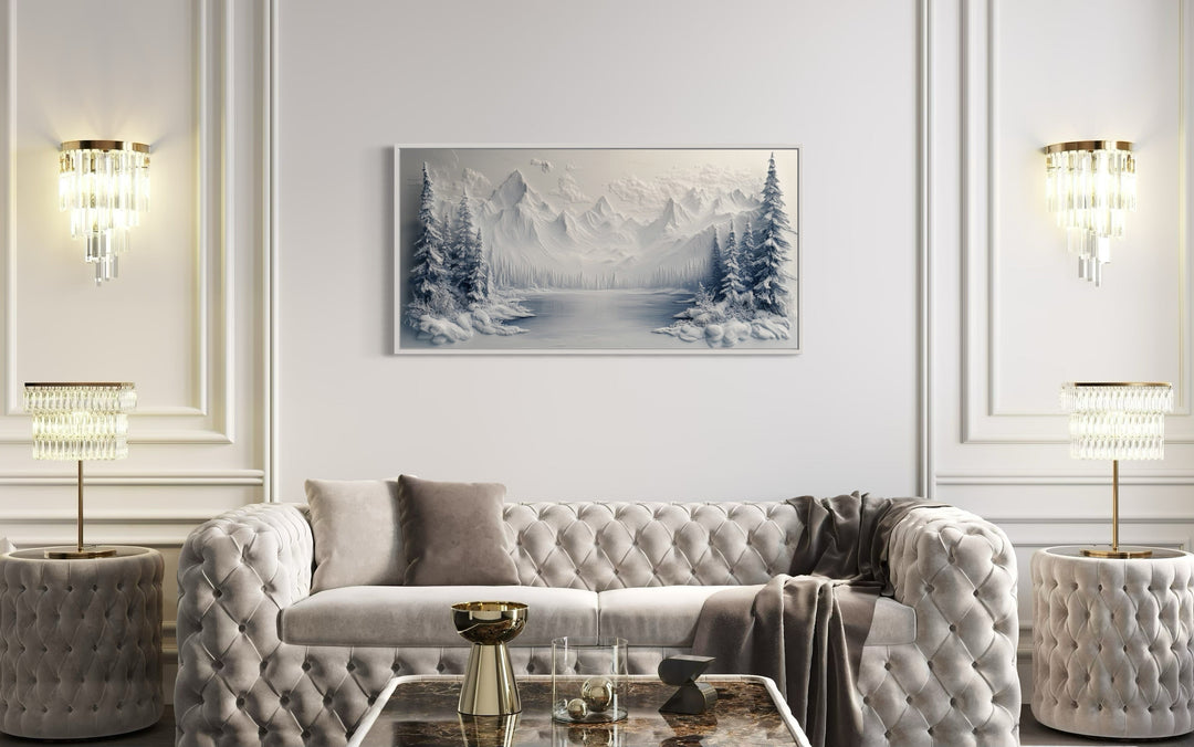 Snowy Mountain Lake With Pine Trees Winter Framed Canvas Wall Art above white couch