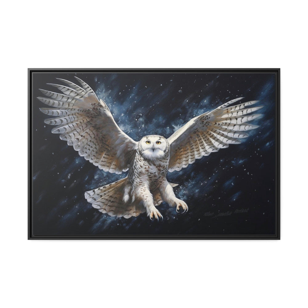 Snowy Owl Flying At Night Framed Canvas Wall Art