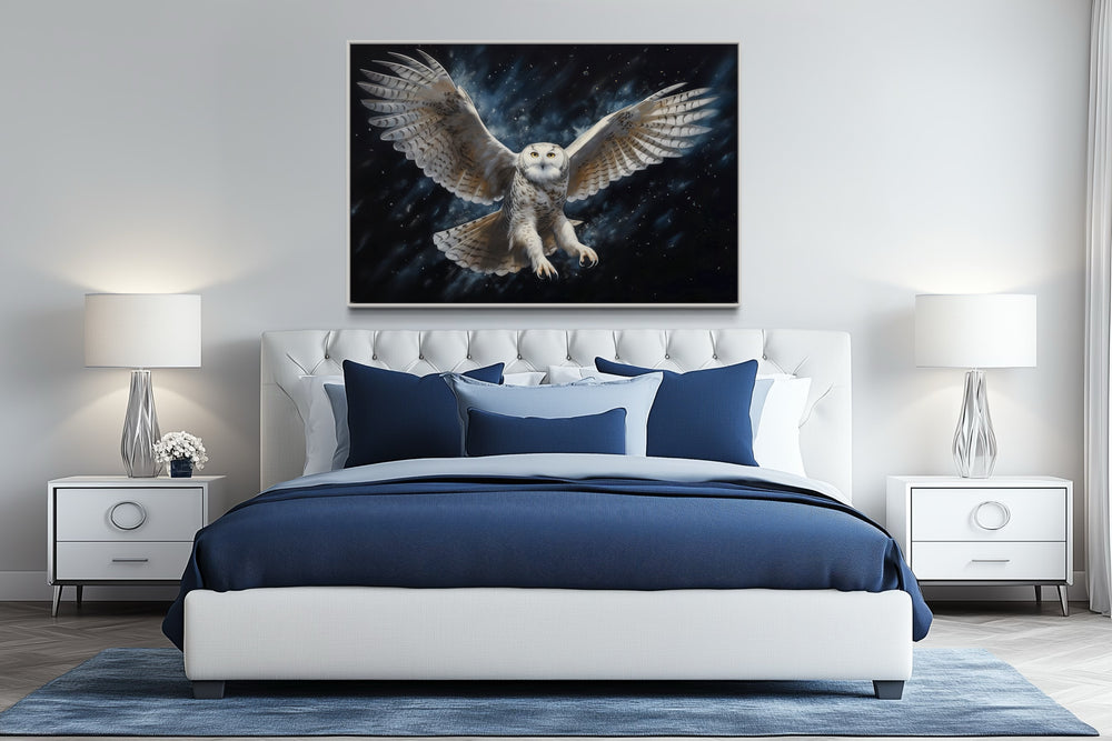 Snowy Owl Flying At Night Framed Canvas Wall Art