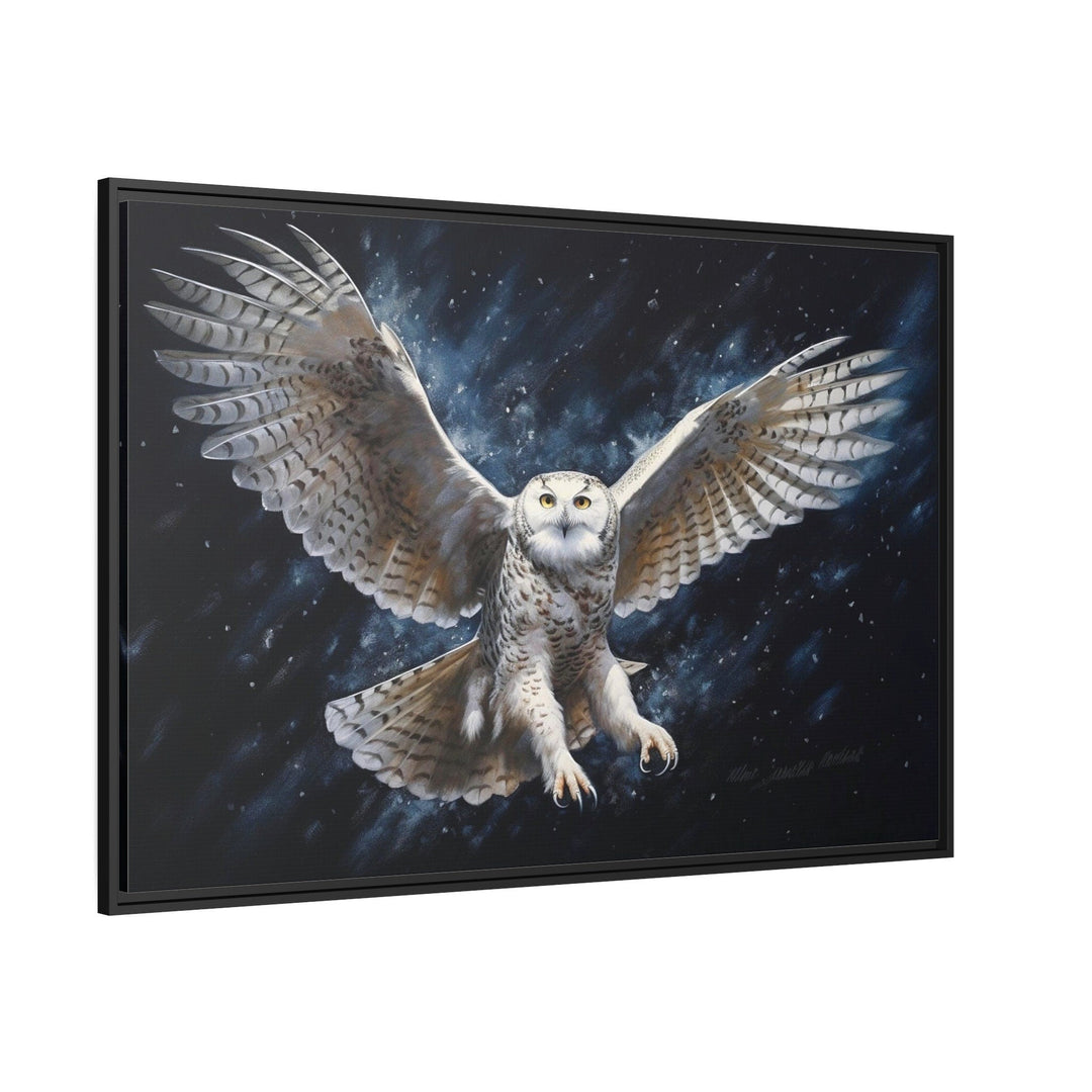 Snowy Owl Flying At Night Framed Canvas Wall Art