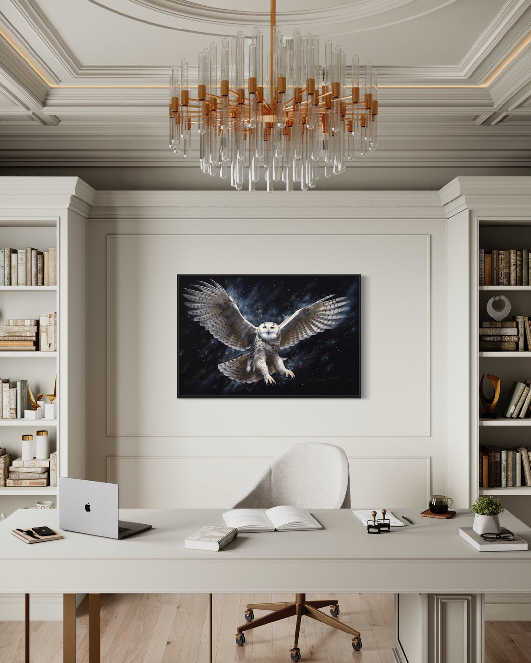 Snowy Owl Flying At Night Framed Canvas Wall Art