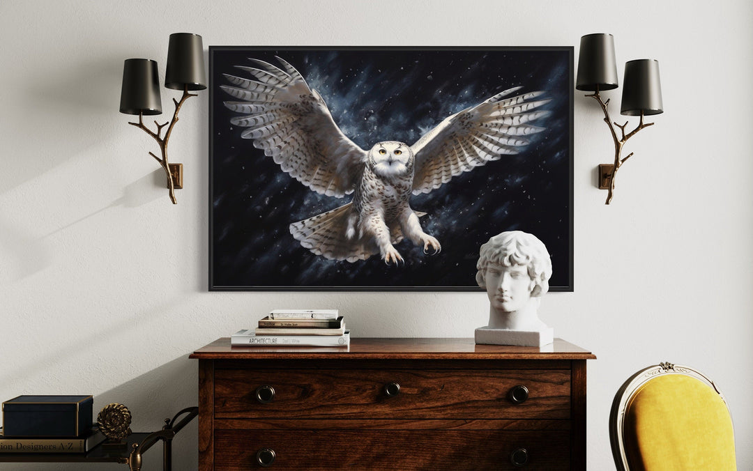 Snowy Owl Flying At Night Framed Canvas Wall Art