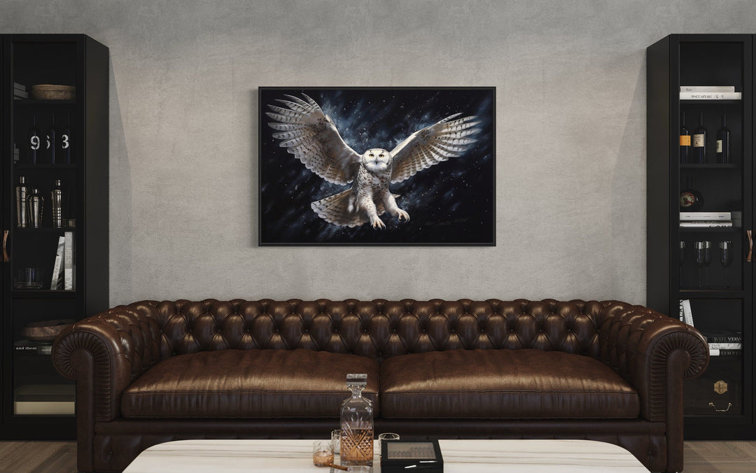 Snowy Owl Flying At Night Framed Canvas Wall Art