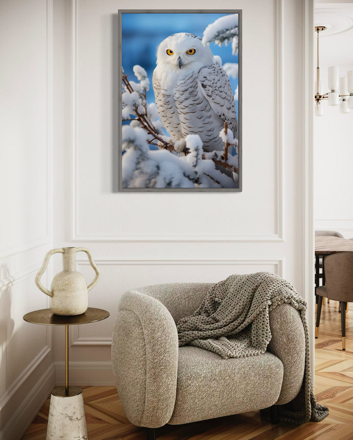 Snowy Owl In Snow Photography Style Framed Canvas Wall Art