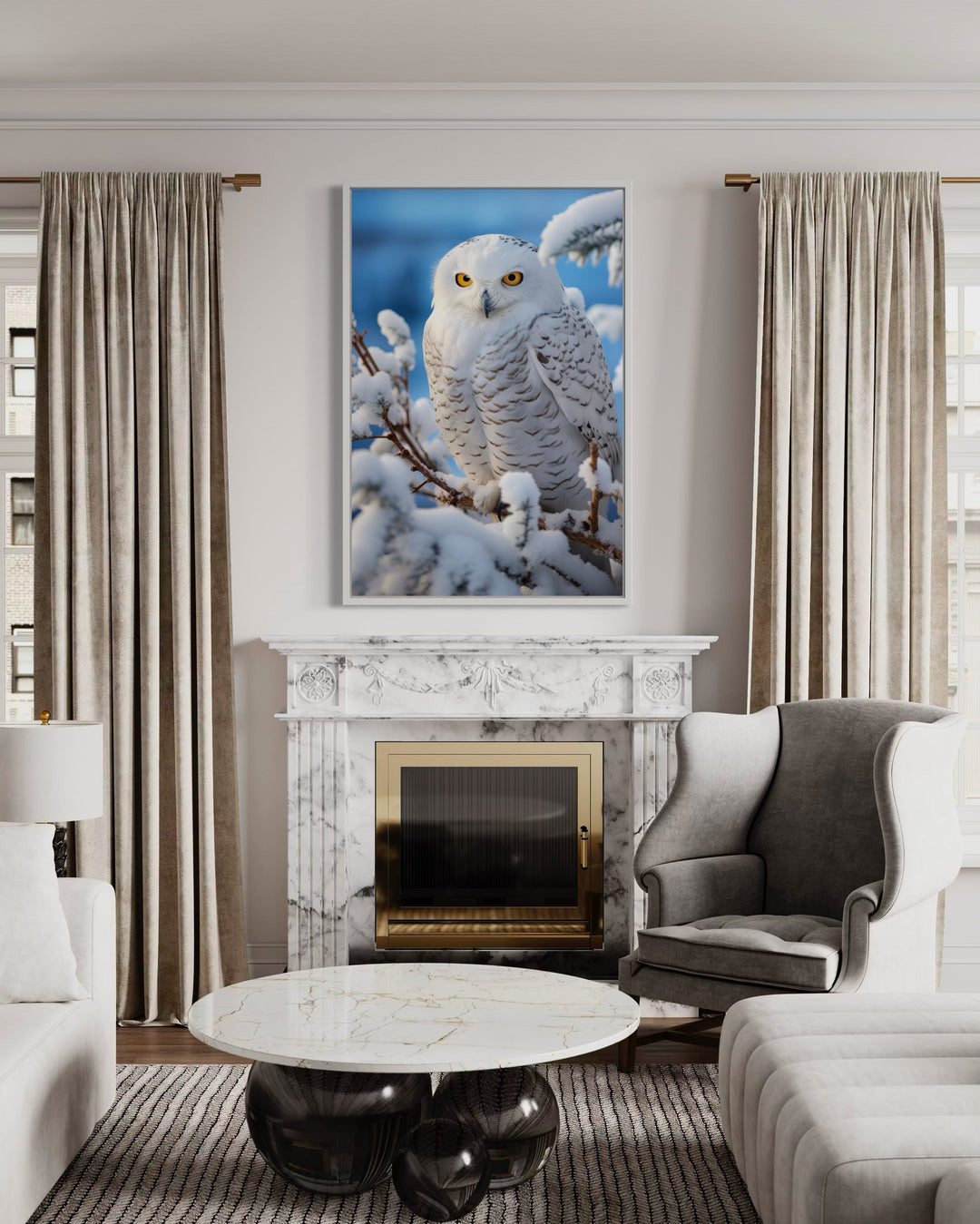 Snowy Owl In Snow Photography Style Framed Canvas Wall Art hanging above a marble fireplace.