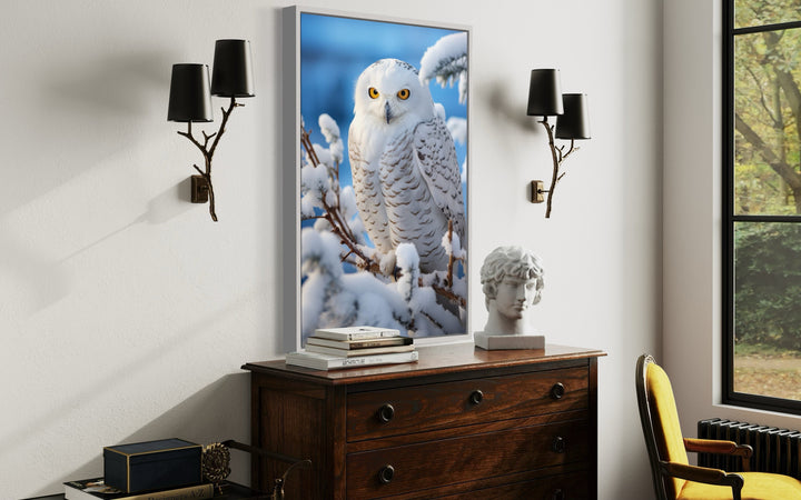 Snowy Owl In Snow Photography Style Framed Canvas Wall Art