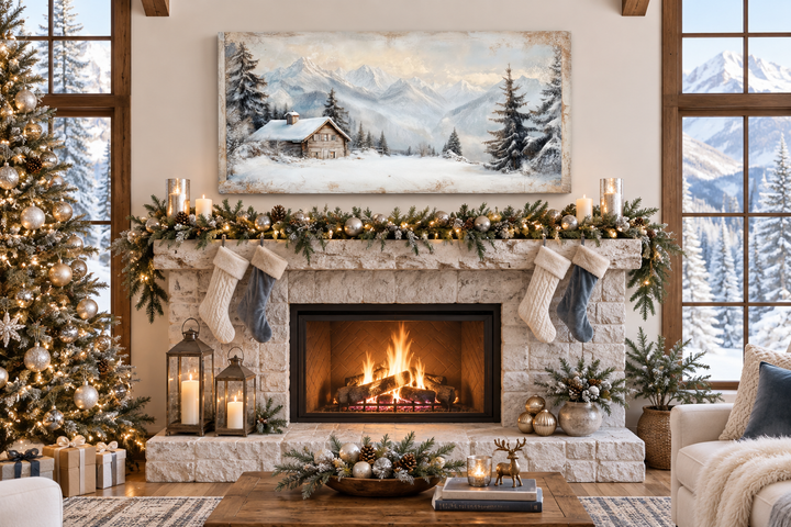 Snowy mountain cabin canvas art above a decorated fireplace with a cozy winter landscape painting.