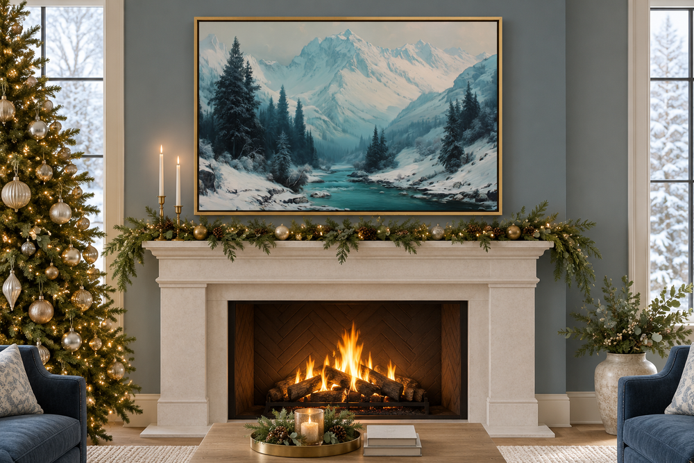Snowy mountain river canvas wall art in a gold frame above a decorated Christmas fireplace.