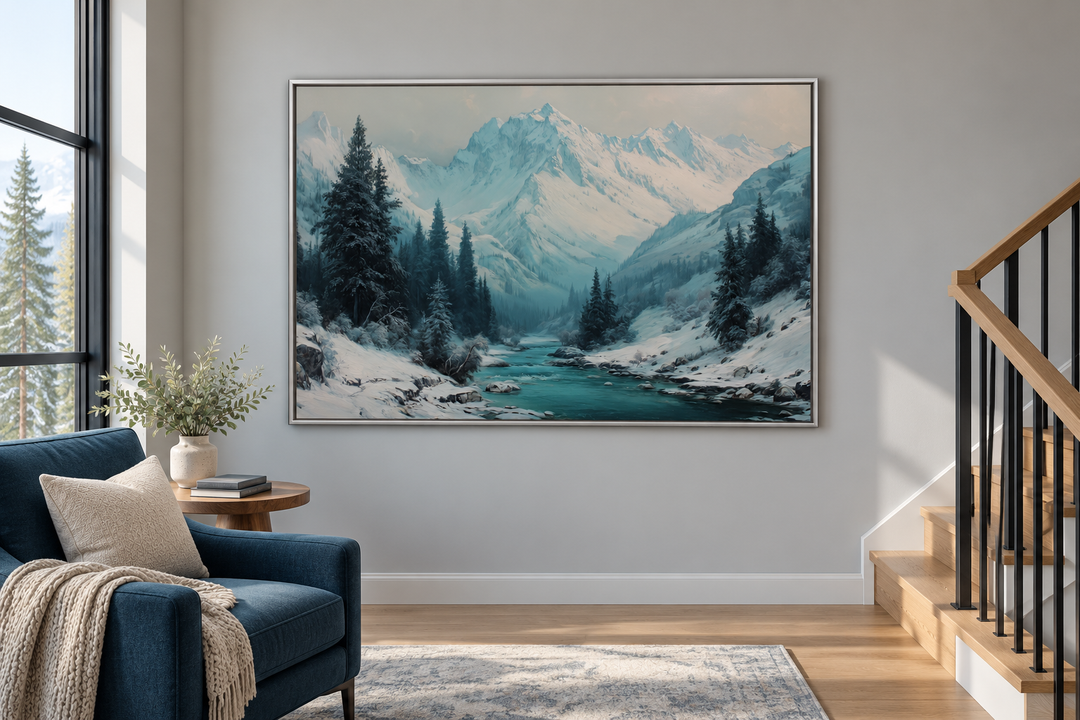 Snowy mountain river canvas wall art in a modern living room with a blue armchair and staircase.