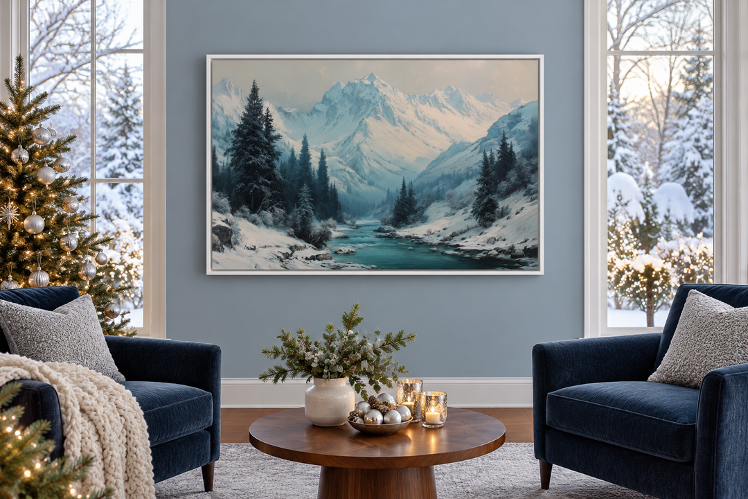 Snowy Mountain River In Winter Canvas Wall Art hanging in a cozy living room with Christmas decor.