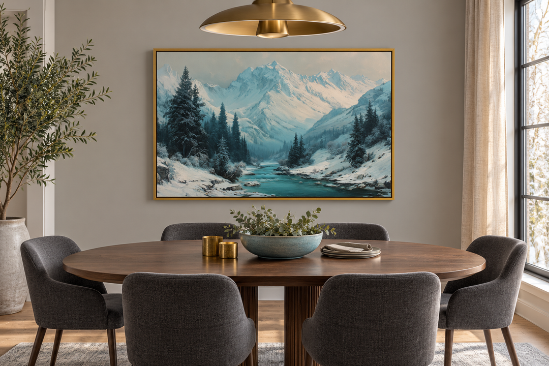 Snowy mountain river landscape canvas wall art in a gold frame above a dining table.