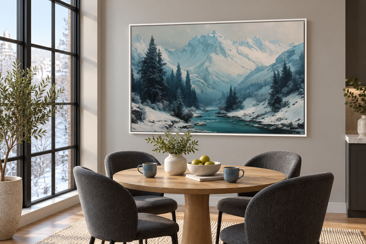 Snowy Mountain River In Winter Canvas Wall Art hanging above a dining table in a modern room.