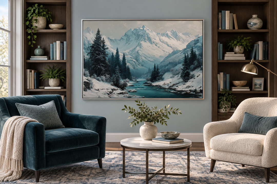 Snowy mountain river canvas wall art in a silver frame above a living room seating area.