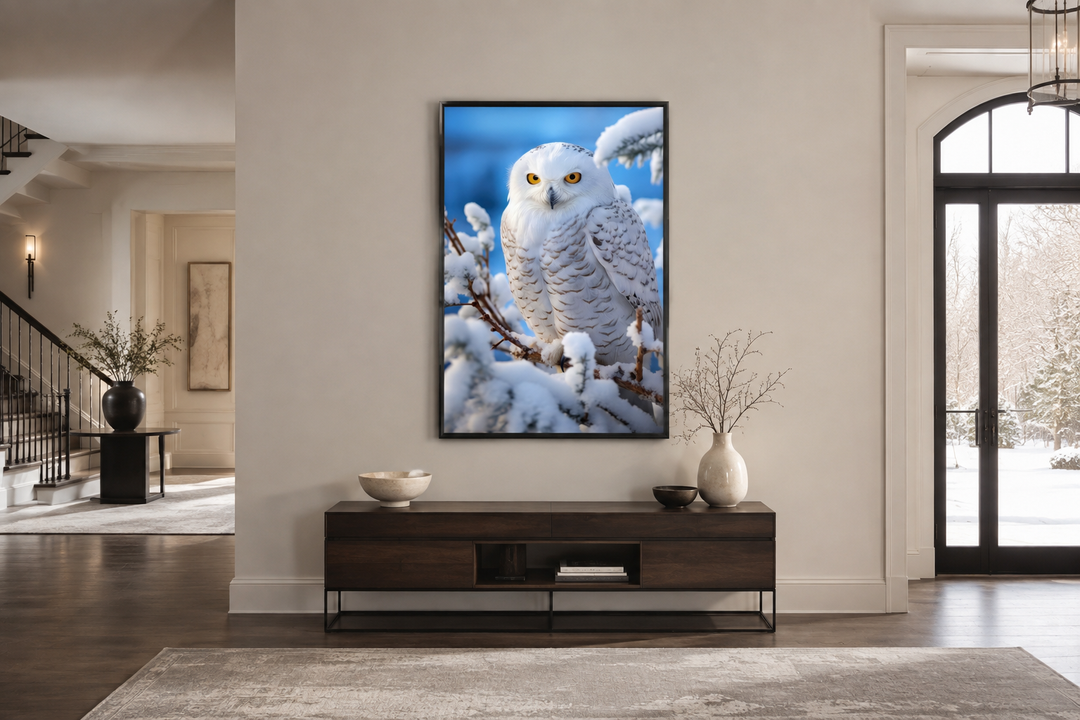Snowy owl photography style framed canvas wall art displayed above a dark wood console table.