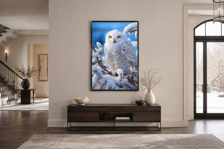Snowy owl photography style framed canvas wall art displayed above a dark wood console table.