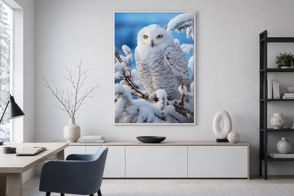Snowy Owl In Snow Photography Style Framed Canvas Wall Art in a modern, minimalist room.
