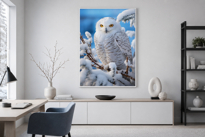 Snowy Owl In Snow Photography Style Framed Canvas Wall Art in a modern, minimalist room.