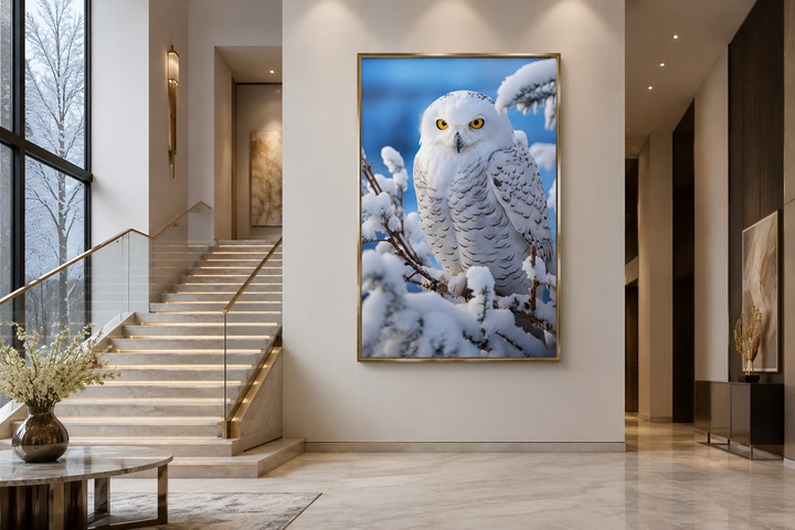 Snowy owl photography style framed canvas wall art in a modern living room setting.