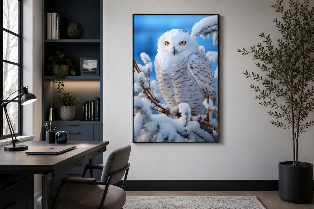 Snowy owl photography style framed canvas wall art in a modern office setting.