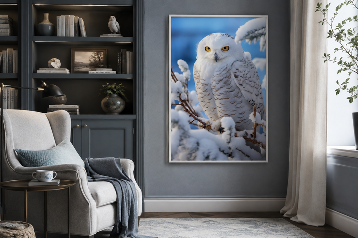 Framed vertical canvas wall art of a snowy owl perched on a snow-covered branch in a winter scene.