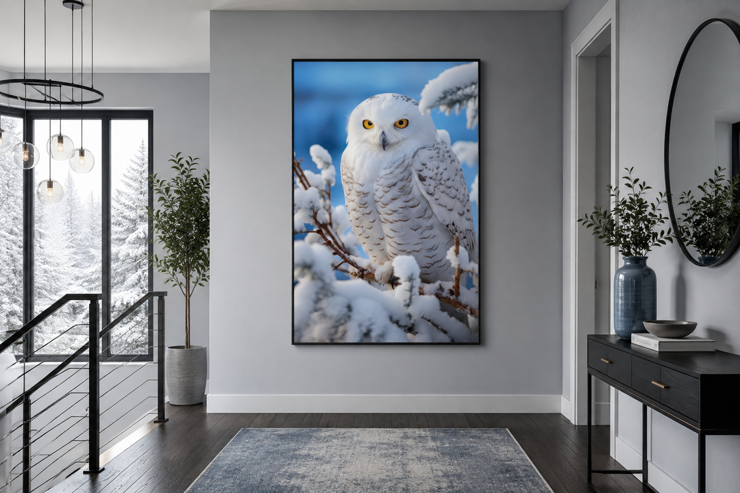 Snowy Owl In Snow Photography Style Framed Canvas Wall Art hanging in a modern hallway.