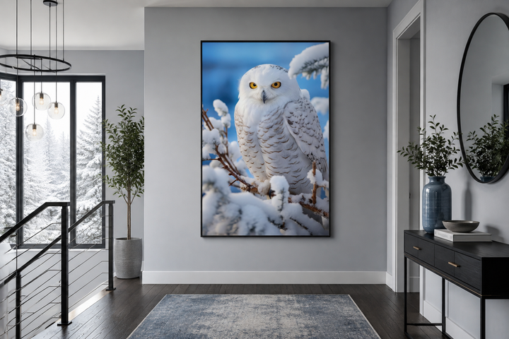 Snowy Owl In Snow Photography Style Framed Canvas Wall Art hanging in a modern hallway.
