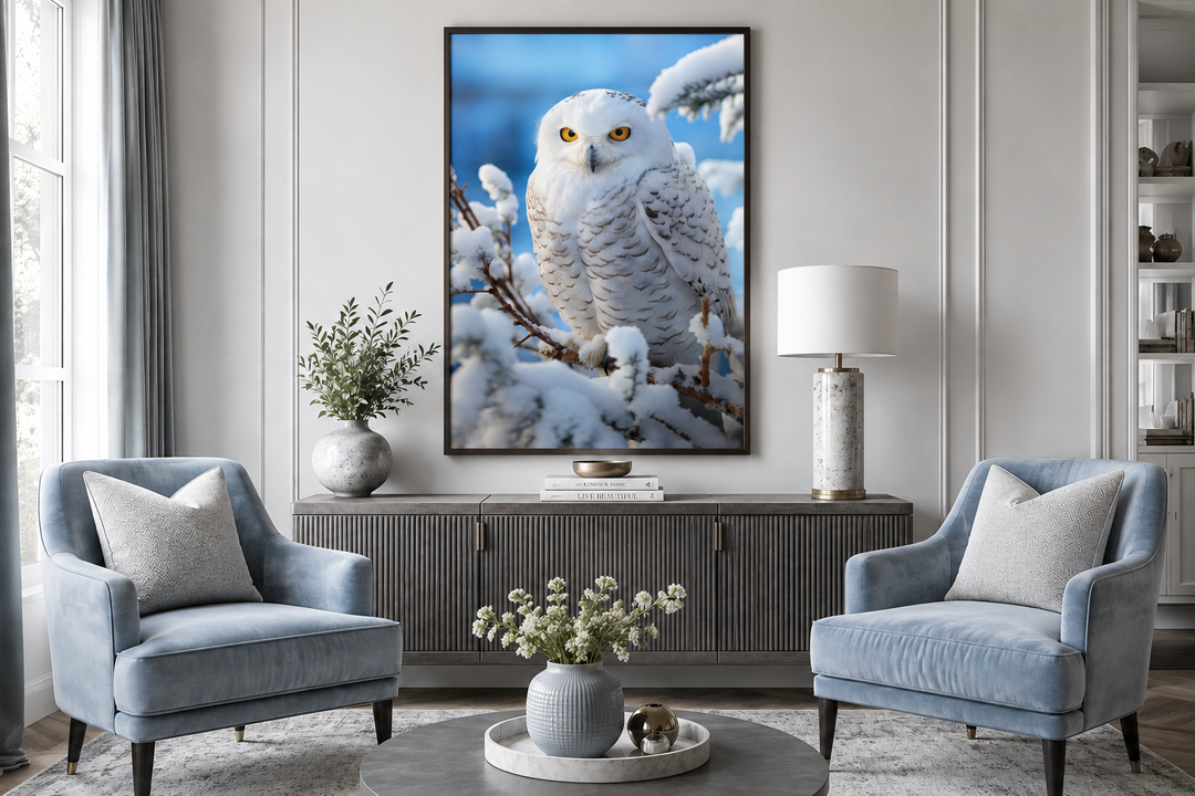 Snowy Owl In Snow Photography Style Framed Canvas Wall Art in a modern living room setting.
