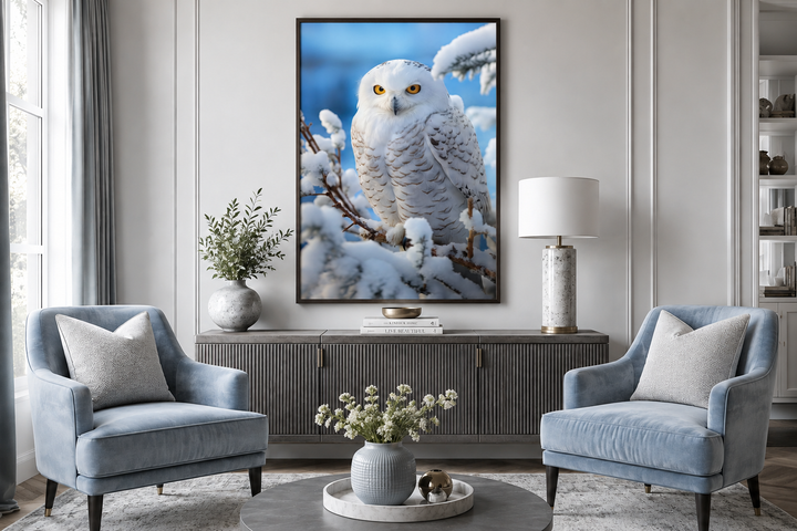 Snowy Owl In Snow Photography Style Framed Canvas Wall Art in a modern living room setting.