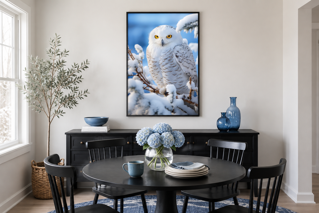 Snowy Owl In Snow Photography Style Framed Canvas Wall Art hanging above a black sideboard.