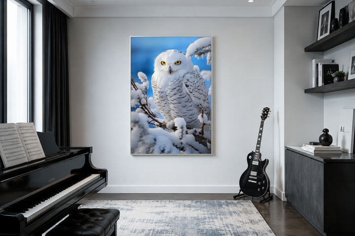 Snowy Owl In Snow Photography Style Framed Canvas Wall Art displayed in a modern living room.