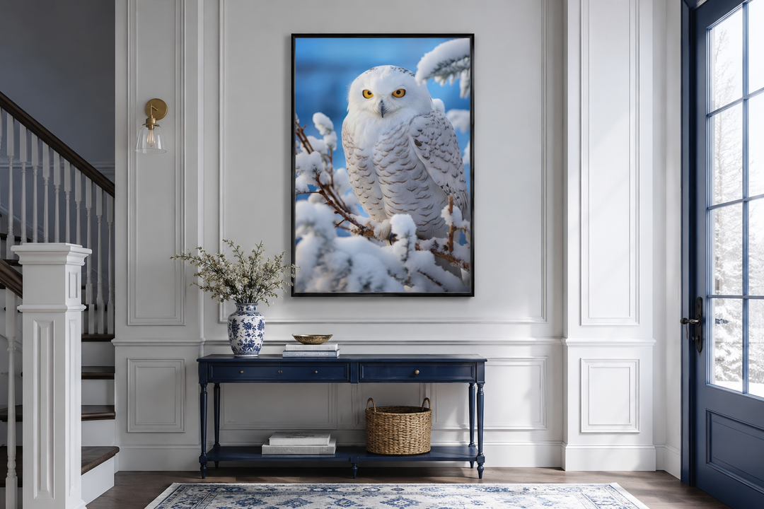 Snowy Owl In Snow Photography Style Framed Canvas Wall Art hanging above a blue console table.