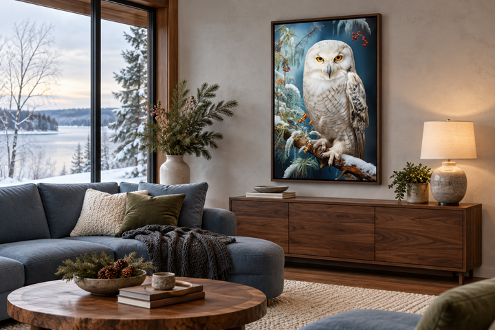 Snowy Owl Painting Framed Canvas Wall Art hanging in a modern living room above a wooden sideboard.