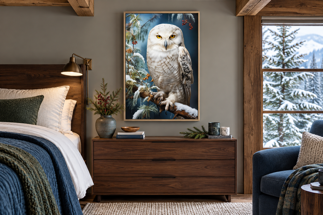 Snowy Owl Painting Framed Canvas Wall Art hanging above a wooden dresser in a cozy bedroom.