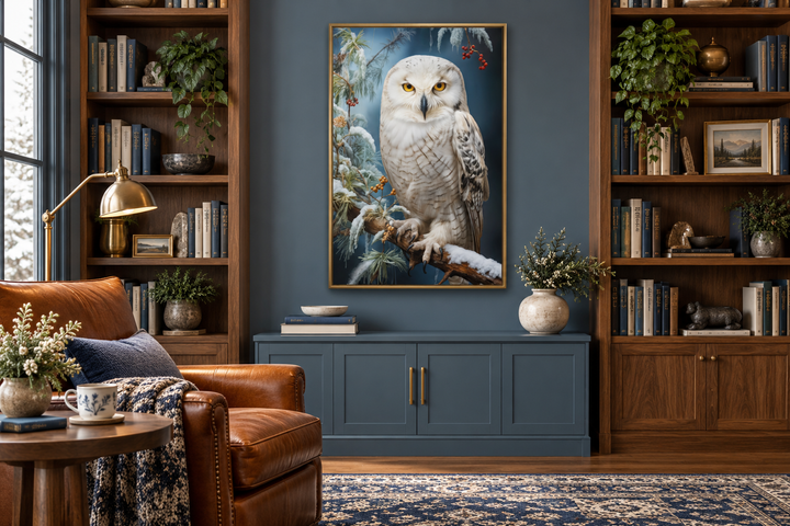 Framed canvas wall art of a snowy owl perched on a branch, displayed in a cozy library setting.