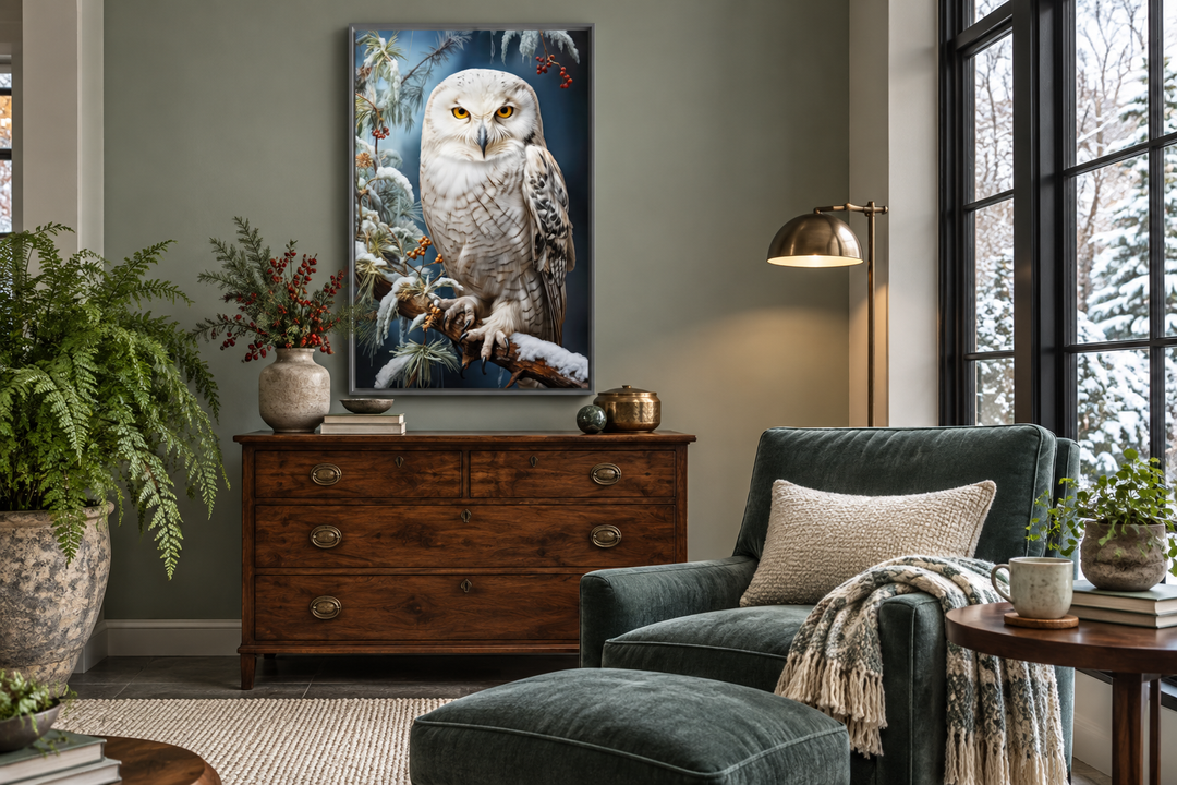 Snowy Owl Painting Framed Canvas Wall Art hanging above a wooden dresser in a cozy living room.