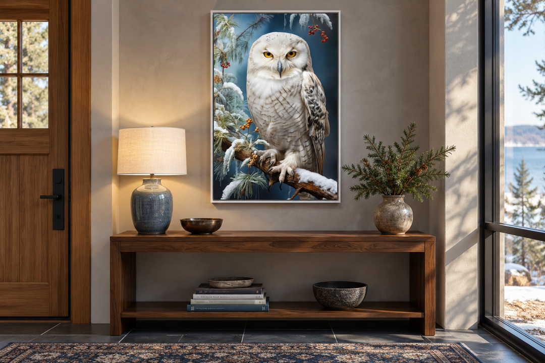 Framed canvas wall art of a snowy owl perched on a winter branch above a wooden console table.