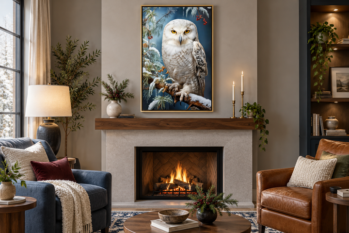 Snowy Owl Painting Framed Canvas Wall Art displayed above a fireplace in a cozy living room.