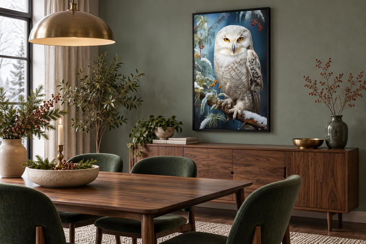 Framed canvas wall art of a snowy owl perched on a branch, displayed in a modern dining room.
