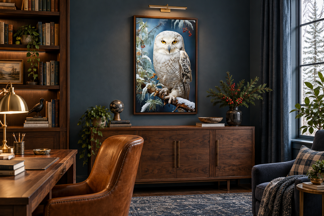 Framed canvas wall art of a snowy owl perched on a branch, displayed in a dark-toned home office.