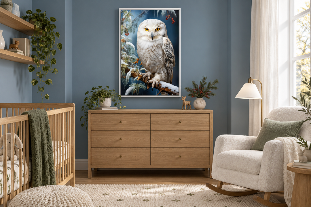 Snowy Owl Painting Framed Canvas Wall Art hanging above a wooden dresser in a nursery.