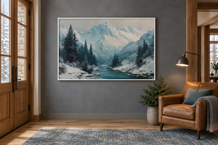 Snowy Mountain River In Winter Canvas Wall Art hanging in a rustic cabin living room.
