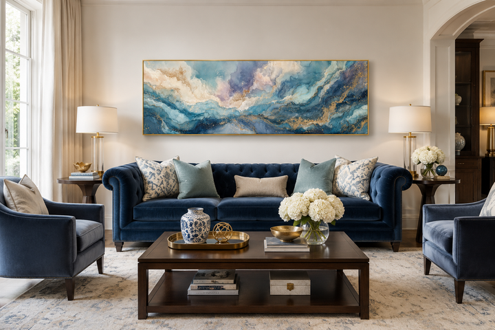 Long horizontal abstract wall art with blue, white, and gold marble textures above a blue sofa.