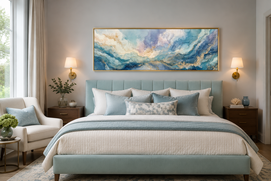 Long horizontal abstract wall art with blue and gold marble textures above a light blue bed.