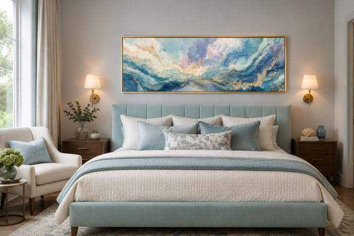 Long horizontal abstract wall art with blue and gold marble textures above a light blue bed.