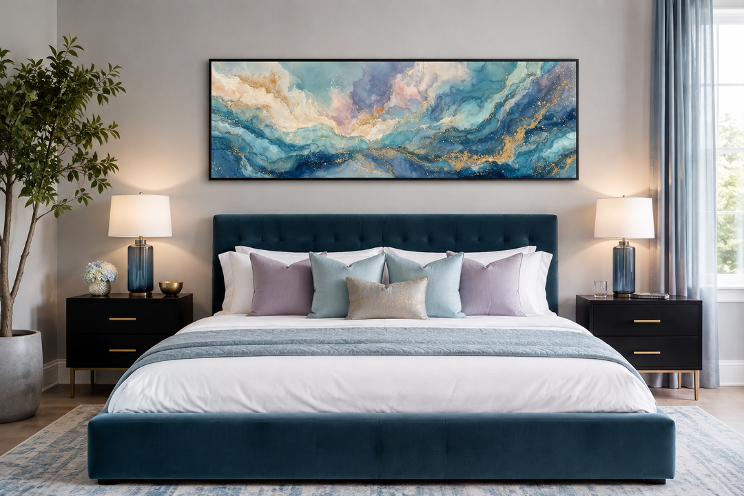 Long horizontal abstract wall art with blue and gold marble textures above a blue velvet bed.