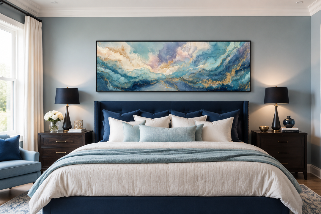 Long horizontal abstract wall art with blue and gold marble textures above a navy blue bed.
